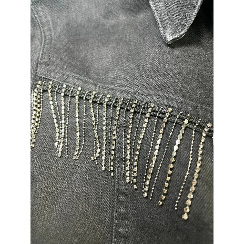 Zara Black Denim Mini Dress Rhinestone Fringe Western Cowgirl Button Front M